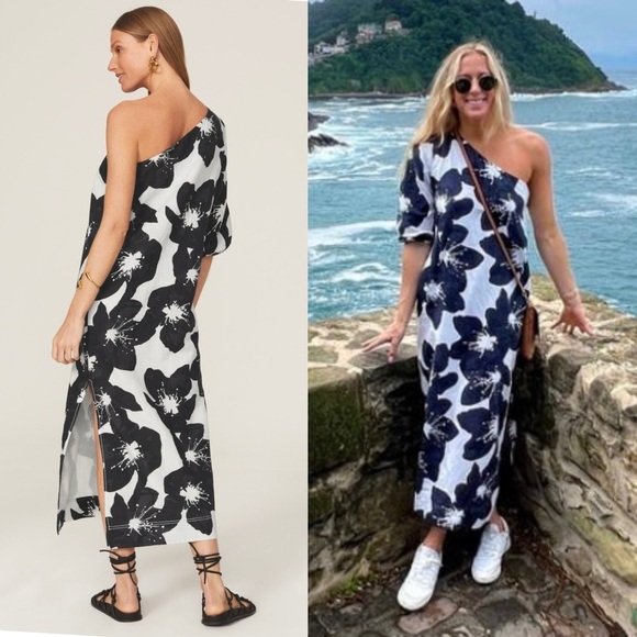 SOMETHING NAVY Floral Print Linen Cotton One Shoulder Puff Sleeve Column Gown L - Picture 6 of 13